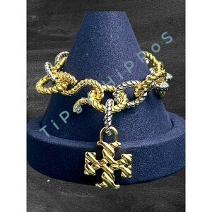 Tory Burch Gold & Silver Twist Rope Chain Bracelet With Logo Pendant In Gift Pou